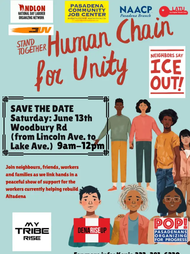 👉🏾 SAVE THE DATE ✅

Human Chain for Unity ✊🏾✊🏽✊🏼

DATE: June 13th 2026
TIME 9:00 AM
On Woodbury from Lincoln to Lake

#WeStandTogether #DenaRiseUp #MyTribeRise 

daylaborernetwork pop_pasadena cityofpasadena beautifulaltadena altadenarising pasadenajobcenter mytriberise 

#